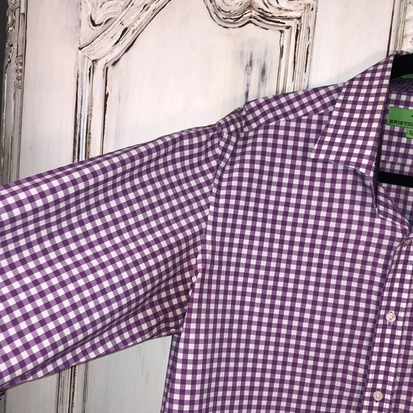 Men’s Bristol & Bull 100% Cotton Orchid, and White Gingham Check Dress Shirt - Picture 4 of 9